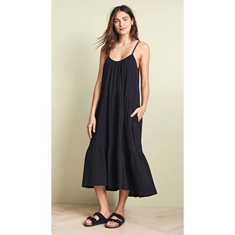 Xirena Black Gauze Midi 100% cotton Pocket Dress Goth Med Made in USA #778